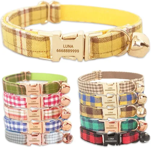 Vista 13 de PETDURO Collares de gato a cuadros personalizados hechos a mano con campana y hebilla de metal grabada con nombre personalizado para gatos lindos