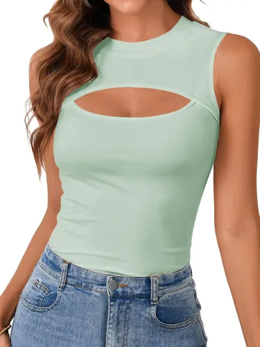 Vista 13 de Vrtige Camiseta sin mangas sexy con cuello redondo para mujer, de punto acanalado, sin mangas, ajustada