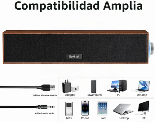 Vista 6 de Uakinat Altavoces de computadora, altavoz digital multimedia de madera, altavoces PC USB con alimentación de 3.5mm AUX, barra de sonido portátil