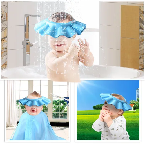 Vista 6 de Gorro de ducha seguro para champú, baño, protección, gorra de baño suave con visera ajustable para bebé, niño, niños... (Azul)