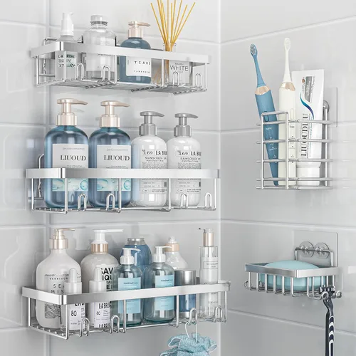 Vista 9 de Liuoud Shower Caddy 5 Pack XL-Size Adhesive Stainless Steel Organizer XL Capacity, With Strong Adhesive, Rustproof, No Drilling Wall Mount Shelvs