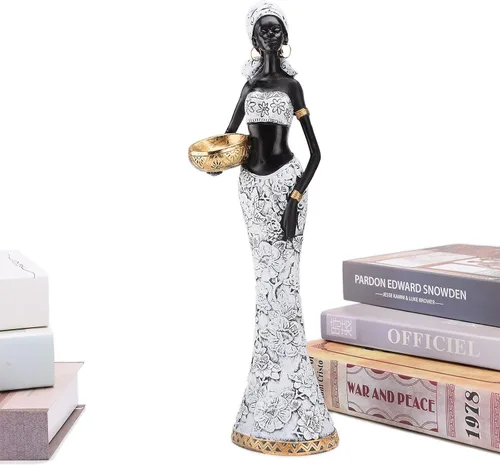 Vista 6 de BRASSTAR Escultura tribal afroamericana de resina 14.9 ''(H) Mujer blanca y negra con frasco sala de estar dormitorio estudio tienda decorativa