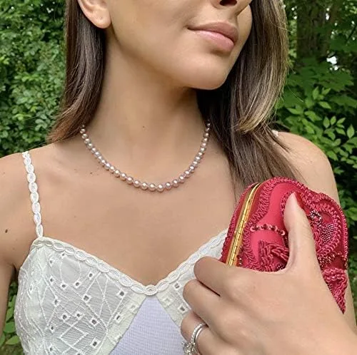 Vista 2 de Collar de perlas cultivadas de agua dulce rosa AAAA de oro blanco o amarillo de 14 quilates con nudos de seda de perlas de princesa de 18 pulgadas