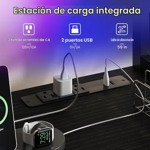 Vista 7 de Escritorio pequeño para computadora de juegos de 48 pulgadas con luces LED y estante de almacenamiento, color negro