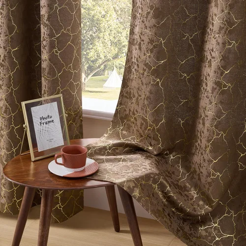 Vista 6 de Cortinas marrones y doradas de 63 pulgadas de largo, 2 paneles de cortinas geométricas para oscurecer la habitación, cortinas con ojales, estampado