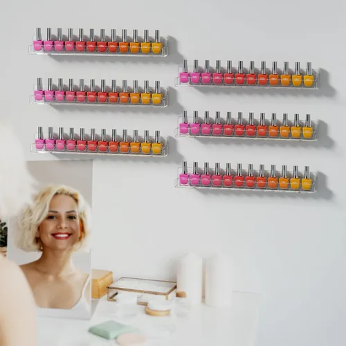 Vista 6 de FEMELI Estante de pared acrílico transparente para esmalte de uñas: 12 estantes de exhibición del soporte del organizador - 15 pulgadas