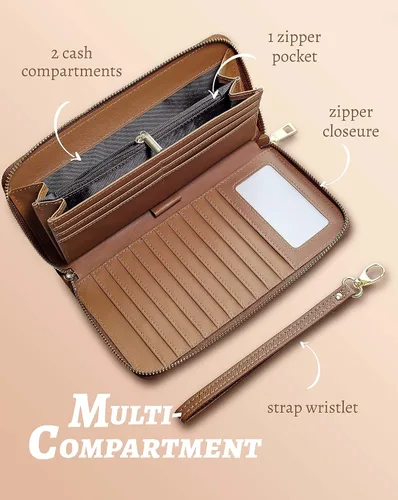 Vista 5 de Cartera para mujer con tarjetero para tarjetas de crédito, bolsillos para dinero, correa de pulsera, monedero con bloqueo RFID, gran capacidad