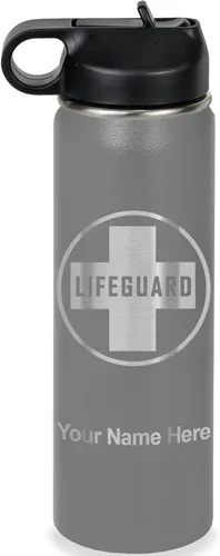 Vista 17 de LaserGram Botella de agua personalizada, salvavidas, acero inoxidable de doble pared aislada al vacío con popote superior, regalo grabado Negro