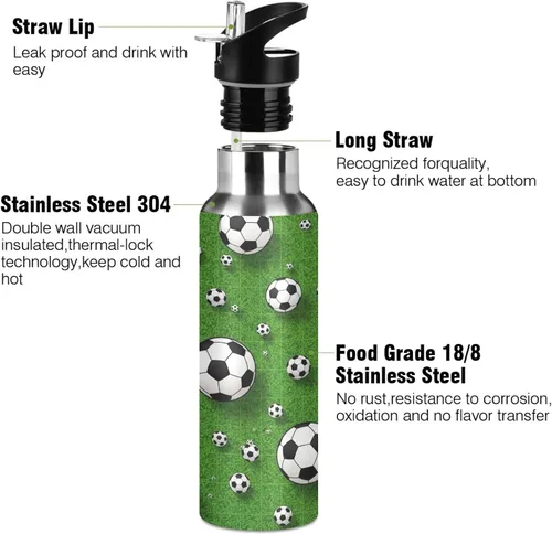 Vista 3 de Soccer Balls Green Insulated Stainless Steel Water Bottle with Straw 20 Oz Leakproof Water Bottles, BPA-Free Sport Water Bottle