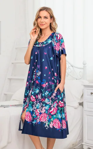 Vista 3 de YOZLY Vestido de casa para mujer, de manga corta, abrigo de casa con bolsillos