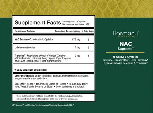 Vista 5 de NAC Supreme™ with Selenium & Triperine® – N Acetyl L Cysteine for Immune, Respiratory & Liver Harmony Support – 120 Vegan Capsules – Dr. Gumman’s