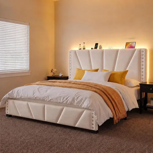 Vista 21 de EnHomee Base de cama individual con luces LED y USB, sin ruido, color beige