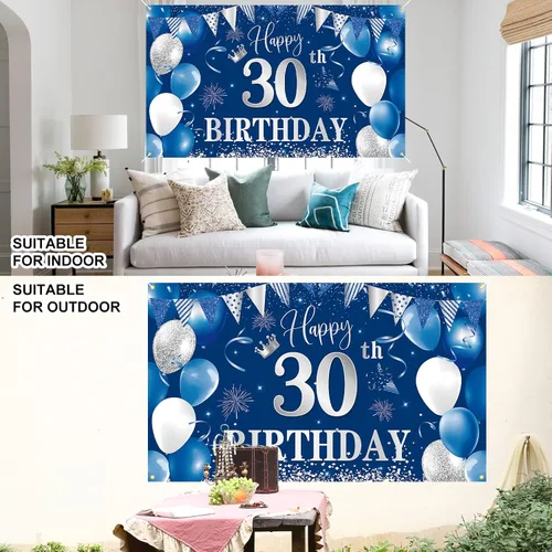 Vista 8 de Telón de fondo de pancarta de 30 cumpleaños, decoraciones de feliz cumpleaños de BTZO 30, fondo de fotos de tela azul plateada para hombres