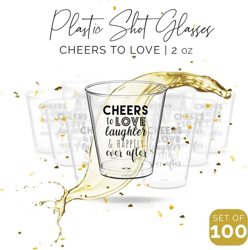 Vista 5 de Vasos de chupito de boda – Cheers to Love Laughter and Happily Ever After Vasos de chupito a granel paquete de 100 – 2 onzas desechables regalos