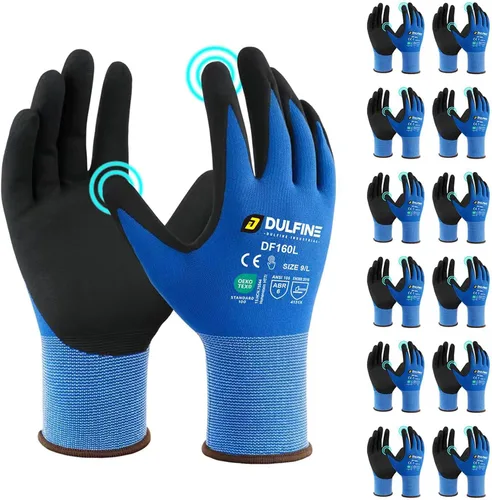 Vista 12 de DULFINE Safety Work Gloves for Men & Women, MicroFoam Nitrile Coated Nylon Black Grip for General Purpose, 3/6/12/36 Pairs