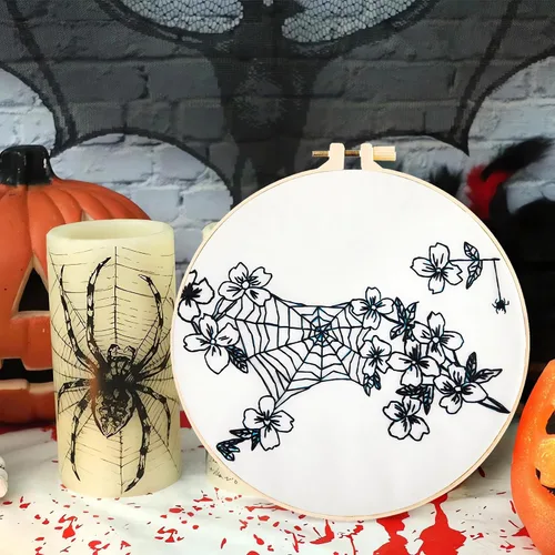 Vista 6 de Kit de bordado de Halloween para adultos principiantes, kit de punto de cruz estampado para adultos principiantes, kit de inicio de bordado a mano