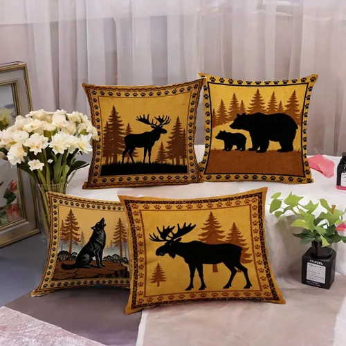 Vista 2 de Juego de 4 fundas de almohada rústicas de vida silvestre de 18 x 18 pulgadas, fundas de almohada decorativas de alce, oso, lobo, cabaña, fundas