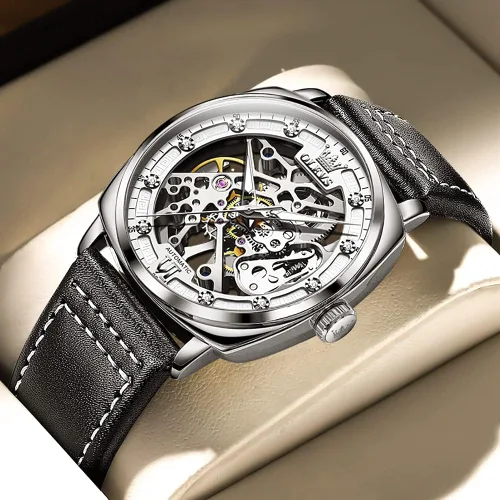 Vista 2 de OLEVS Visit The Store Automatic Men Watch Skeleton Self Winding Mechanical Luxury Stylish Leather Strap Steampunk Style Luminous Water Proof Wrist