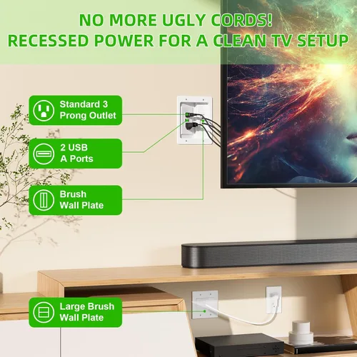 Vista 5 de Kit de organización de cables de pared con placa de pared de cepillo, salidas de CA y puertos USB, cable de 9 pies, toma de pared empotrada
