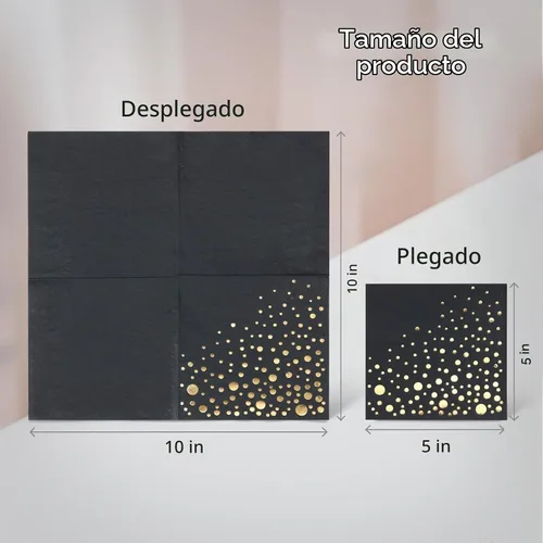 Vista 3 de Servilletas de cóctel negras y doradas, 100 servilletas de fiesta negras, 5 Negro y dorado