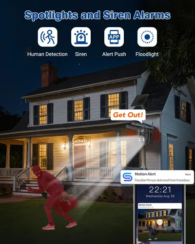 Vista 5 de Septekon Cámaras de seguridad solar 2K inalámbricas para exteriores, 360 ° PTZ con batería para exteriores, cámara WiFi de 2.4G con foco de visión