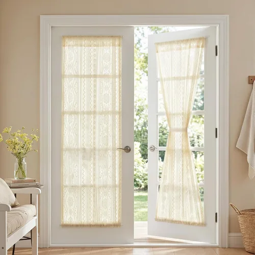 Vista 34 de MYSKY HOME Cortinas de encaje beige para puerta francesa de 40 pulgadas de largo, 2 paneles de cortinas florales bohemias transparentes para puerta