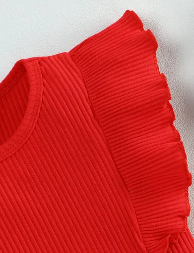 Vista 4 de Conjunto de falda para el Día de la Independencia para niña del 4 de julio, camiseta de manga voladora, falda con botones y bandera estadounidense