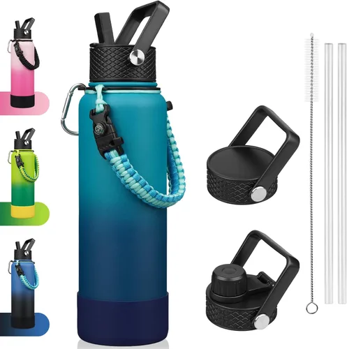 Vista 35 de BJPKPK - Botella de agua con tapa de popote, botellas de agua aisladas de 18 onzas con 3 tapas, asa de cuerda de paracaídas y base antideslizante