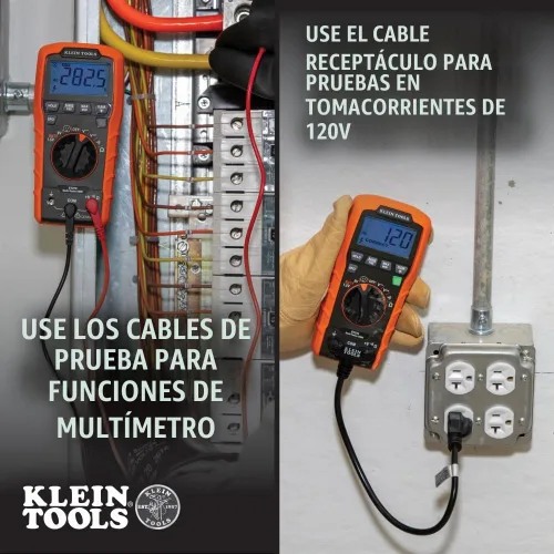 Vista 3 de Klein Tools ET270 Multímetro digital de rango automático, CA/CC, resistencia, continuidad, probador de receptáculo GFCI con cables de prueba y cable