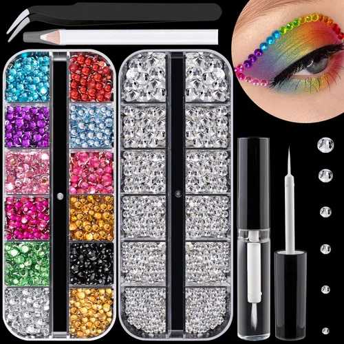 Vista 10 de Kits de estrases con parte trasera plana, estrases de colores+cristales AB y gemas faciales transparentes blancas para uñas con pegamento