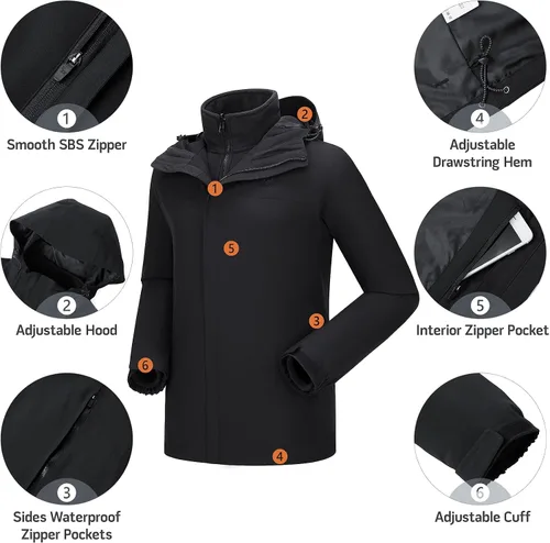Vista 4 de CAMEL CROWN Men's Ski Jacket 3 in 1 Waterproof Winter Jacket Snow Jacket Windproof Hooded with Inner Warm Fleece Coat