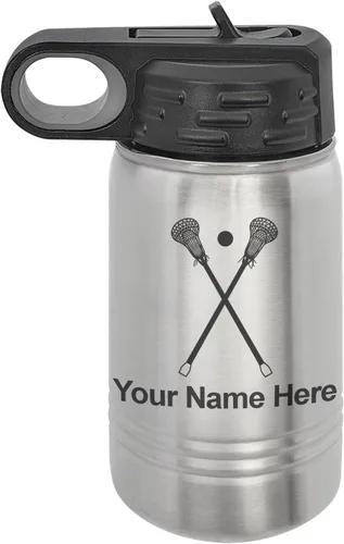 Vista 43 de LaserGram Botella de agua personalizada, palitos de lacrosse, acero inoxidable de doble pared aislada al vacío con popote superior, regalo grabado