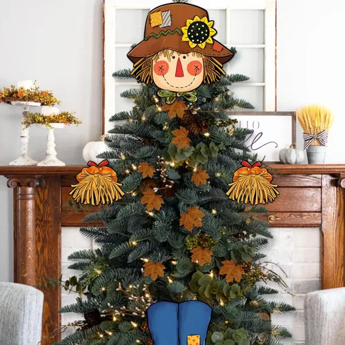 Vista 7 de Decoración para árbol de Navidad de espantapájaros para cabeza, manos y piernas, cosecha de otoño, decoración de árbol de granja, decoración