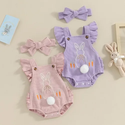 Vista 9 de Ropa de verano para bebé recién nacida, con volantes, sin mangas, con diadema
