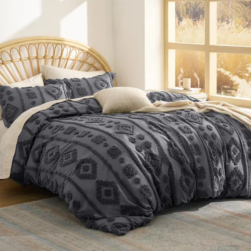Vista 20 de Bedsure - Juego de edredón individual/King, juego de cama bohemio azul polvo capitoné, 3D, tipo jacquard, 2 piezas: 1 edredón estilo rústico chic