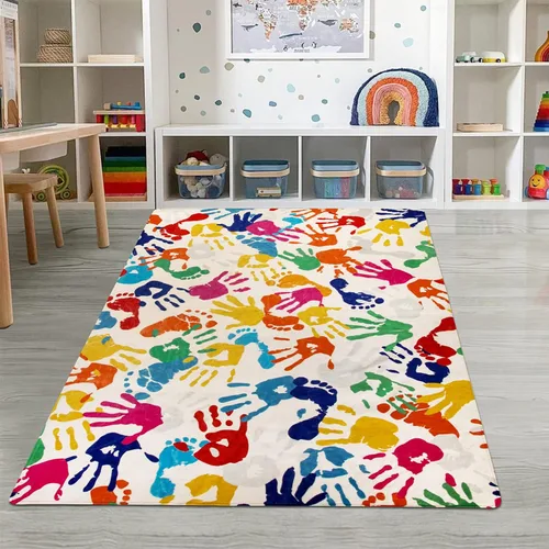 Vista 14 de STARUIA - Alfombra de huellas de manos y pies para niños para sala de juegos, alfombra de guardería lavable de 3 x 5 pies de colores para habitación