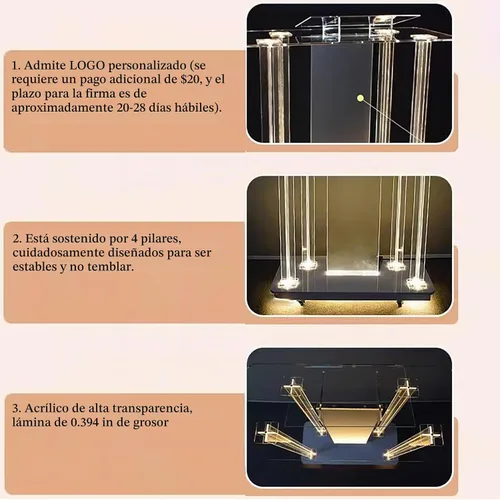 Vista 5 de Púlpitos para iglesias, púlpitos de iglesia con luces LED y ruedas, mesa rodante de podio acrílico, púlpito rodante transparente, fácil montaje