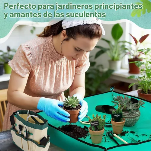 Vista 4 de Juego de 44 piezas de herramientas para plantas suculentas - Estera de re-plantación para interior de 39.4" y bolsa de 19 piezas de mini Verde