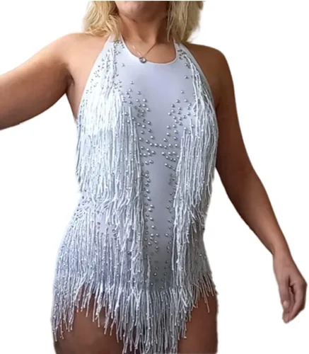 Vista 3 de Body blanco brillante con diamantes de imitación para mujer, traje de drag queen, trajes de baile con flecos