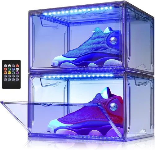 Vista 8 de Oltraman Organizador de almacenamiento de zapatos para armario, estante plegable para cajas de zapatos, paquete de 2, contenedores apilables