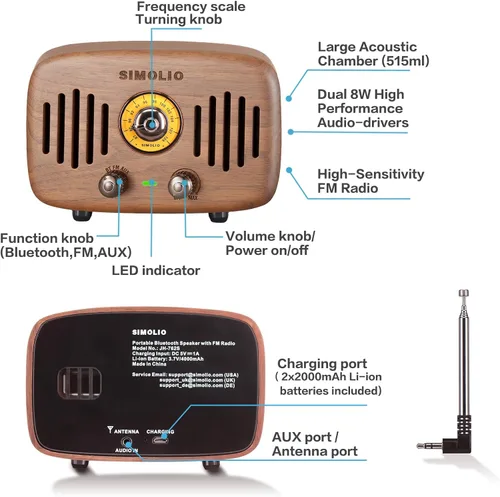 Vista 3 de SIMOLIO Altavoces Bluetooth retro de radio vintage, fuerte y potente sonido estéreo de 2 x 8 W, altavoz de madera de nogal negro natural con radio