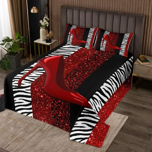 Vista 8 de Juego de colcha con lazo para niños, tamaño individual, diseño de cebra y leopardo con purpurina, decoración de habitación para niñas y mujeres