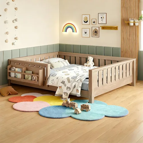 Vista 16 de Marco de cama Montessori Twin con estantería y barandillas, color beige