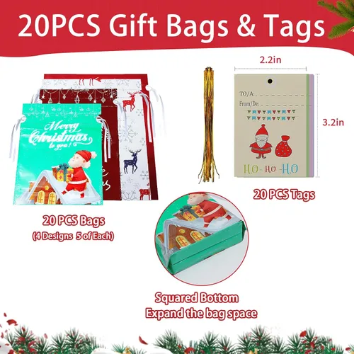 Vista 6 de Bolsas de regalo de Navidad con cordón, 20 bolsas de Navidad de varios tamaños para regalos, bolsas de plástico a granel, bolsas de regalo