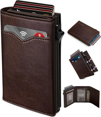 Vista 13 de Cartera miyozi para hombre, con bolsillo para efectivo, 2 ventanas para identificación, 9-13 ranuras para tarjetas, estuche metálico, elegante