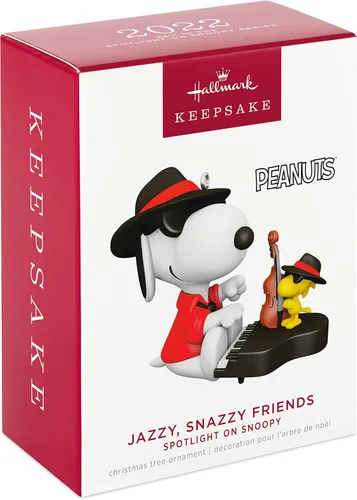 Vista 3 de Hallmark Keepsake Adorno de Navidad 2022, Peanuts Spotlight en Snoopy Jazzy, amigos elegantes