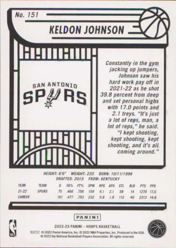 Vista 2 de Tarjeta de baloncesto de los Panini NBA Hoops #151 Keldon Johnson San Antonio Spurs 2022-23 - GotBaseballCards