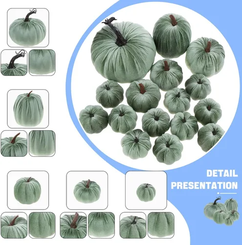 Vista 4 de Woration 16 piezas de terciopelo de tamaño surtido de calabaza artificial decoración de tela envuelta en otoño cosecha calabaza otoño mesa centro