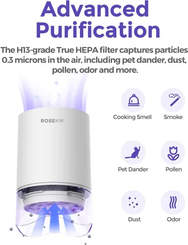 Vista 2 de Rosekm Purificador de aire pequeño con filtro de repuesto de paquete de 1 año, mini purificador de aire HEPA de escritorio personal, limpiador