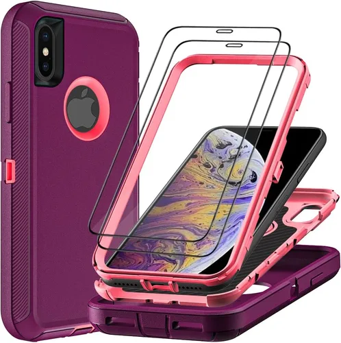 Vista 11 de Funda para iPhone X/iPhone Xs con 2 protectores de pantalla de vidrio templado, grado militar 3 en 1, resistente a prueba de golpes, a prueba